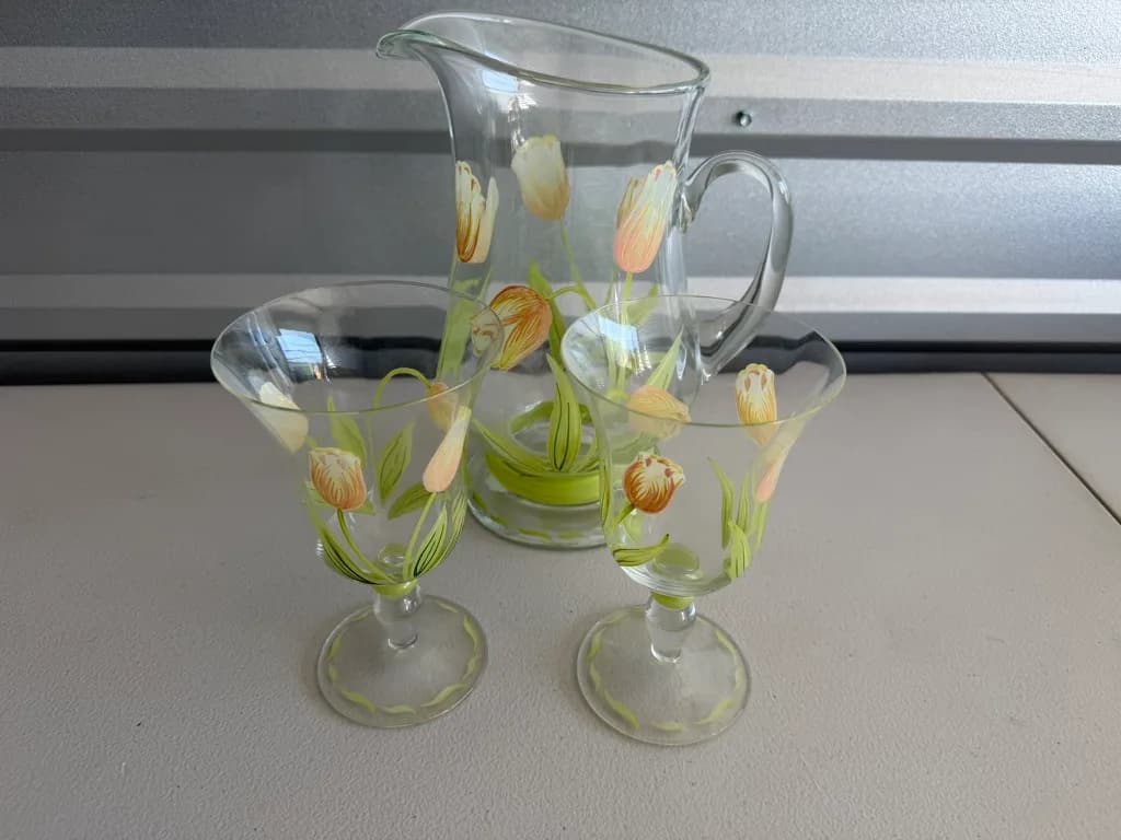 Hand-Painted Tulip Glass Pitcher and Two Glasses Set
