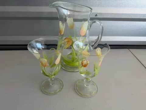 Painted Tulip Glass Pitcher and 2 Glasses Set