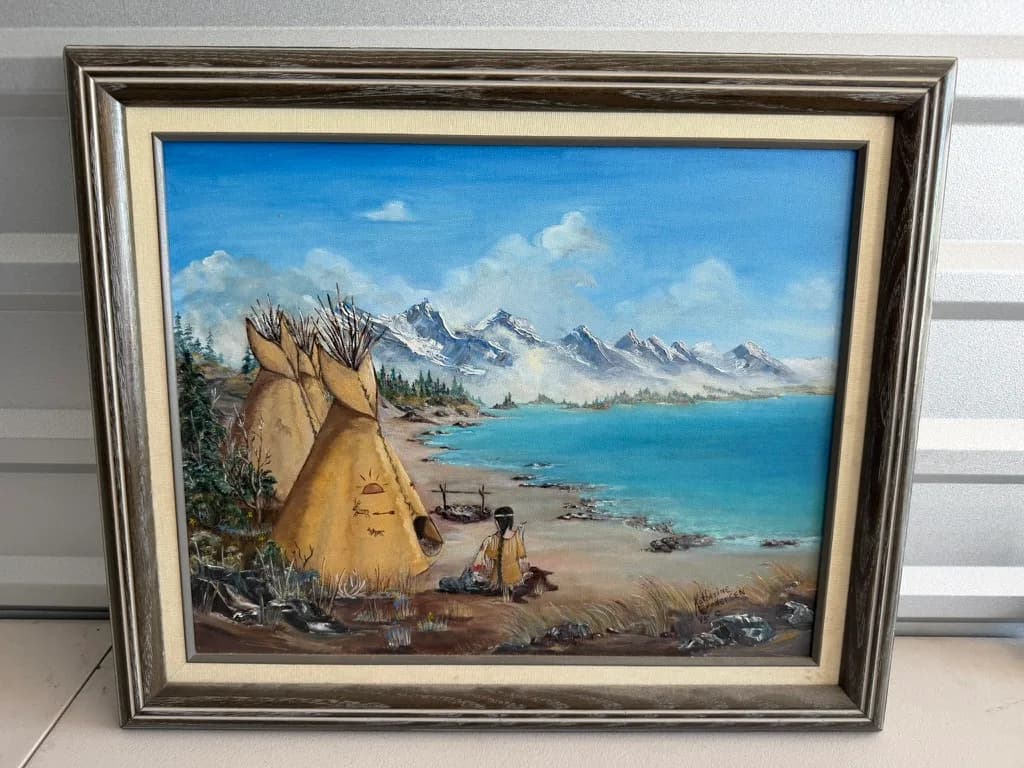 1995 Katherine Brodersen Framed Oil Painting - Landscape with Tipis